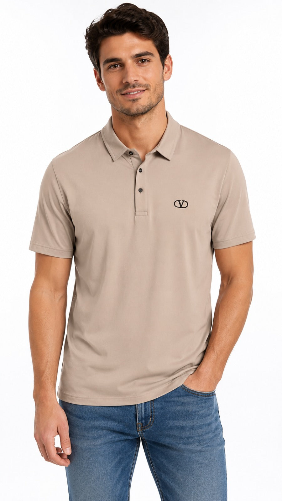 Men’s Taupe Beige Solid Valentino Logo Polo Shirt