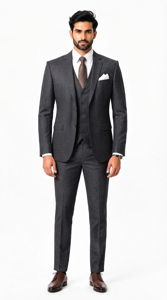 Mens Dark Gray Self Textured 3 Pc Suit