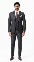 Mens Dark Gray Self Textured 3 Pc Suit