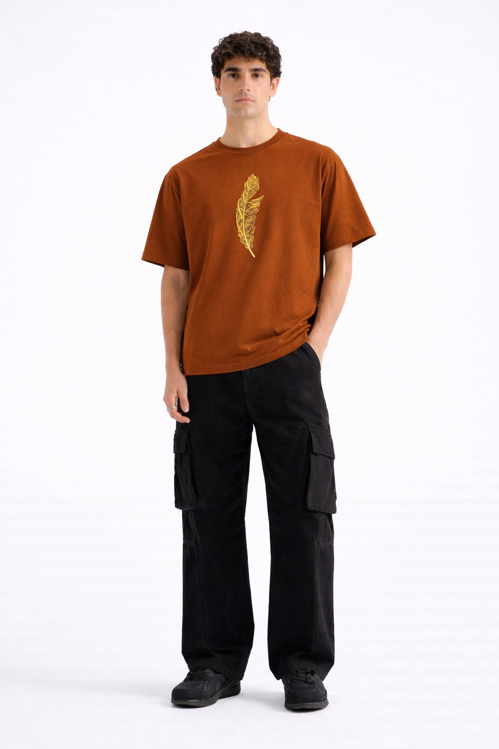 Mens Rust Orange Golden Feather Graphic Print Downshoulder T-shirt