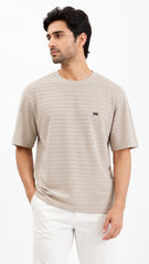 Men’s Cream Textured Horizontal-Stripe EWA Logo T-Shirt