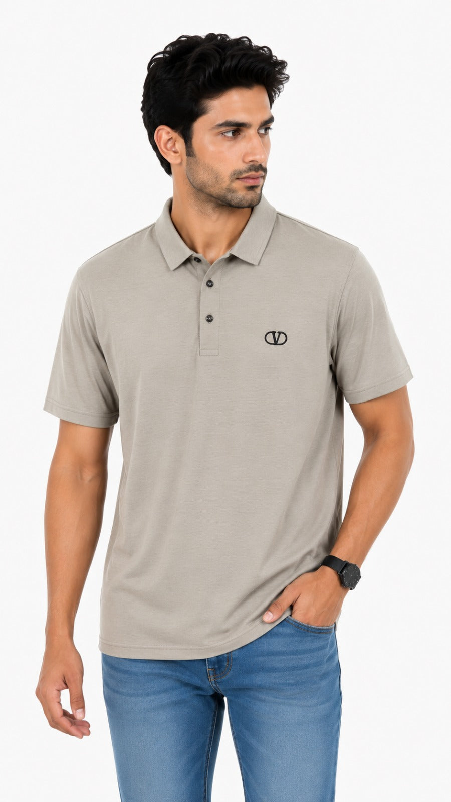 Men’s Beige Solid Valentino Logo Polo Shirt