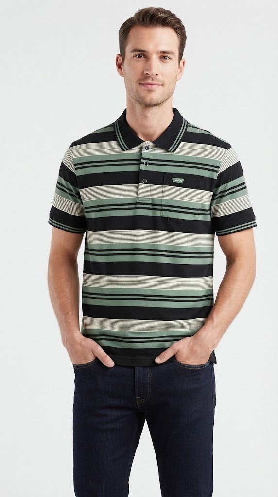 Mens Sage Green Horizontal Striped Polo Shirt