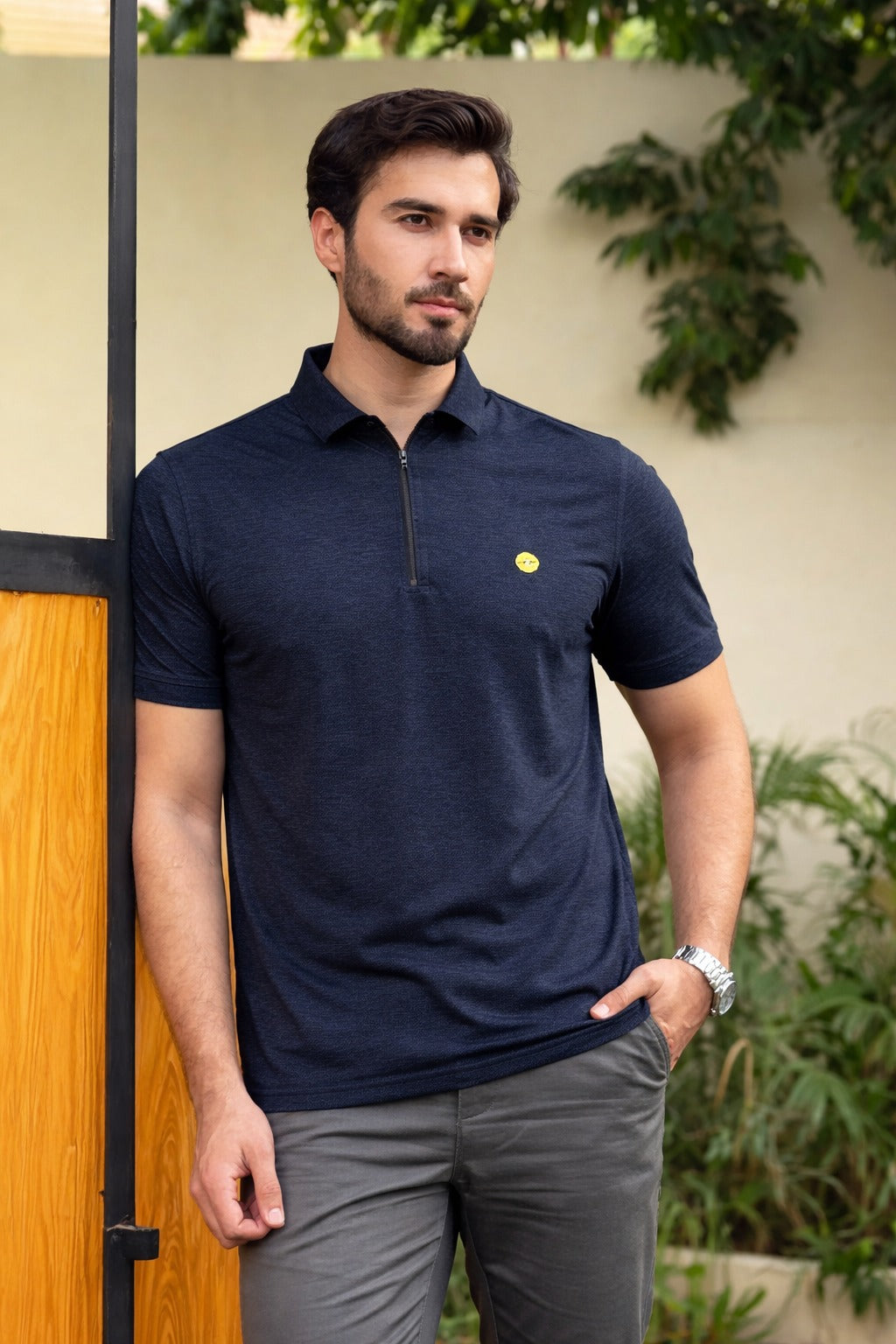 Men’s Black Textured Zip Polo Shirt (Last Chance)
