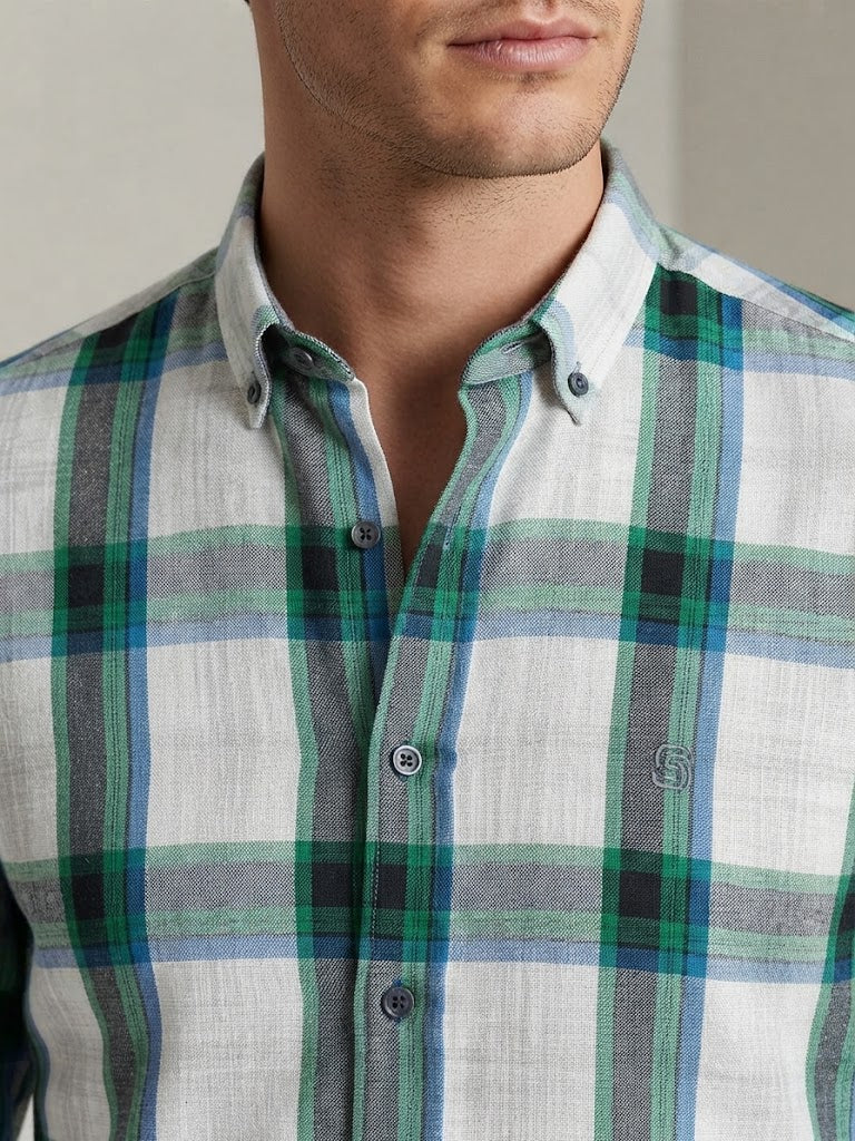 Mens White Green Blue Black Check Imported Casual Shirt