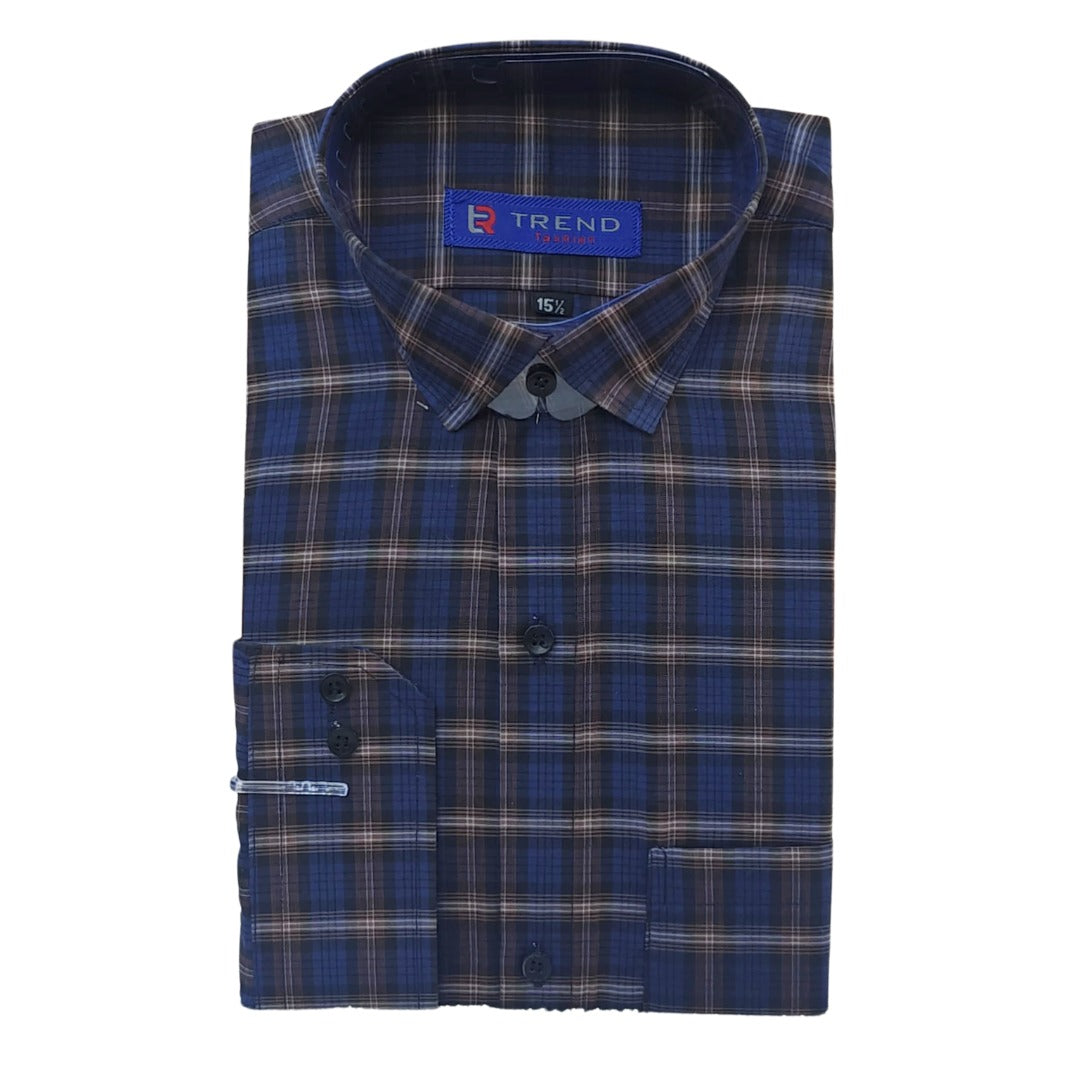 Men's navy and brown checkered formal shirt