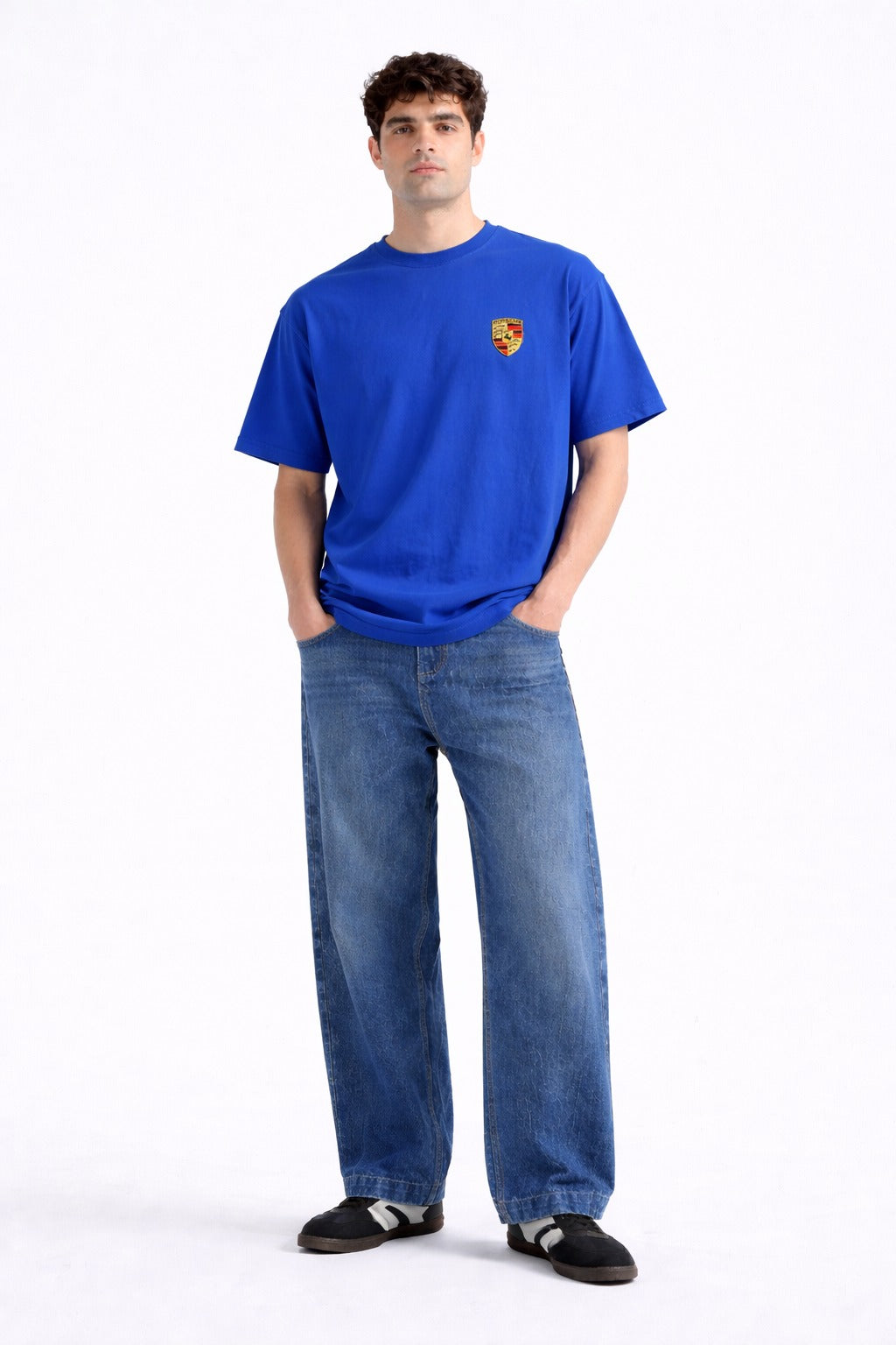 Mens Royal Blue Graphic Sports Car Print Downshoulder T-shirt
