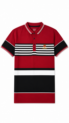 Mens Red Color Block Striped Polo Shirt