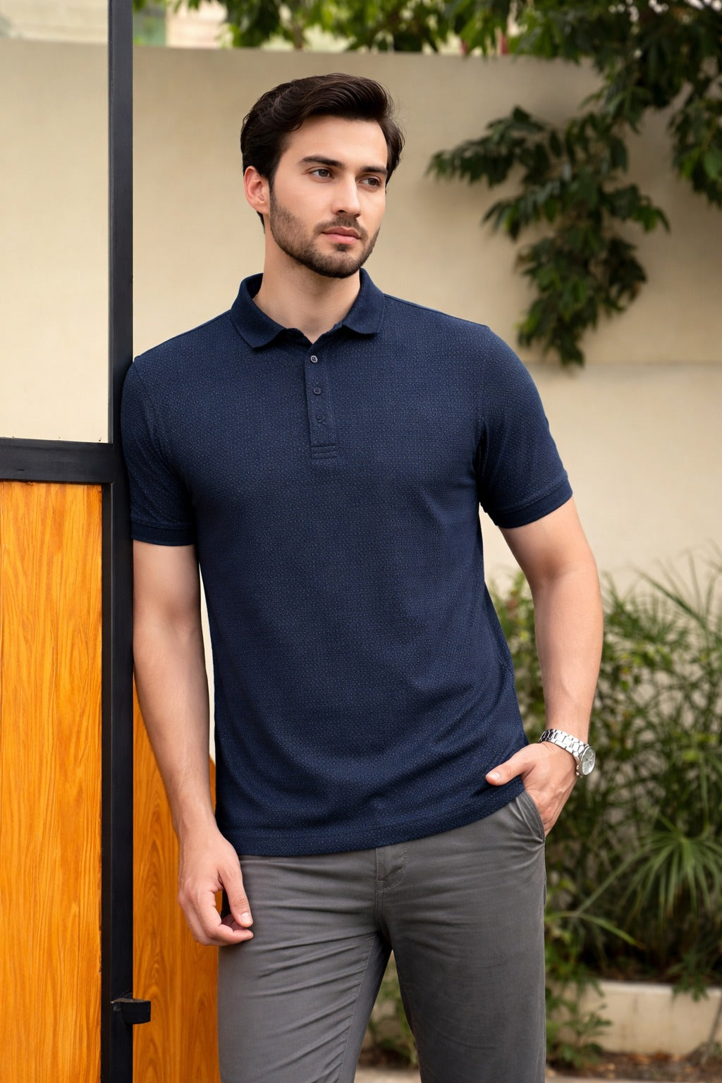 Men’s Navy Blue Textured Polo Shirt (Last Chance)