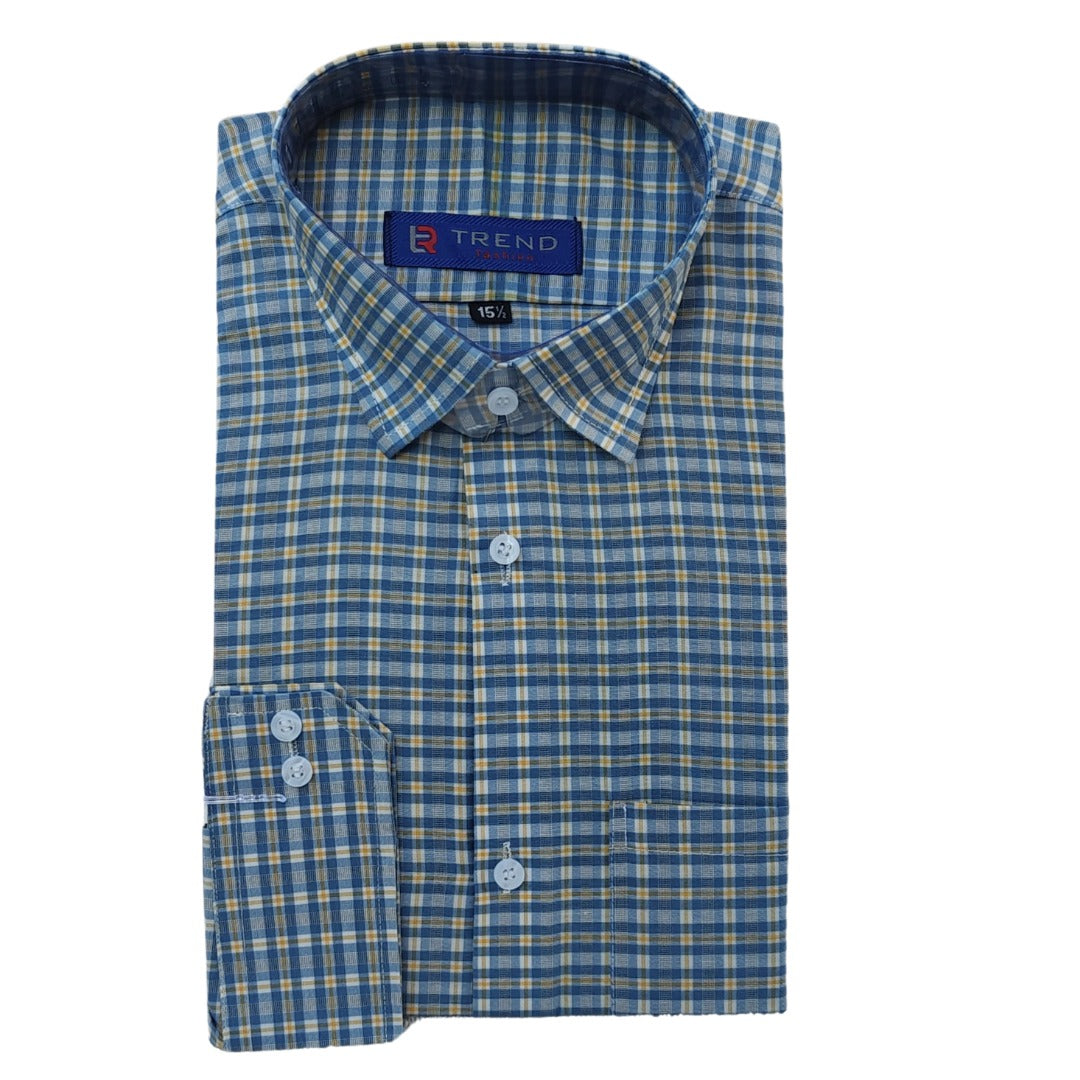 Men's sky blue and mustard checkered formal shirt