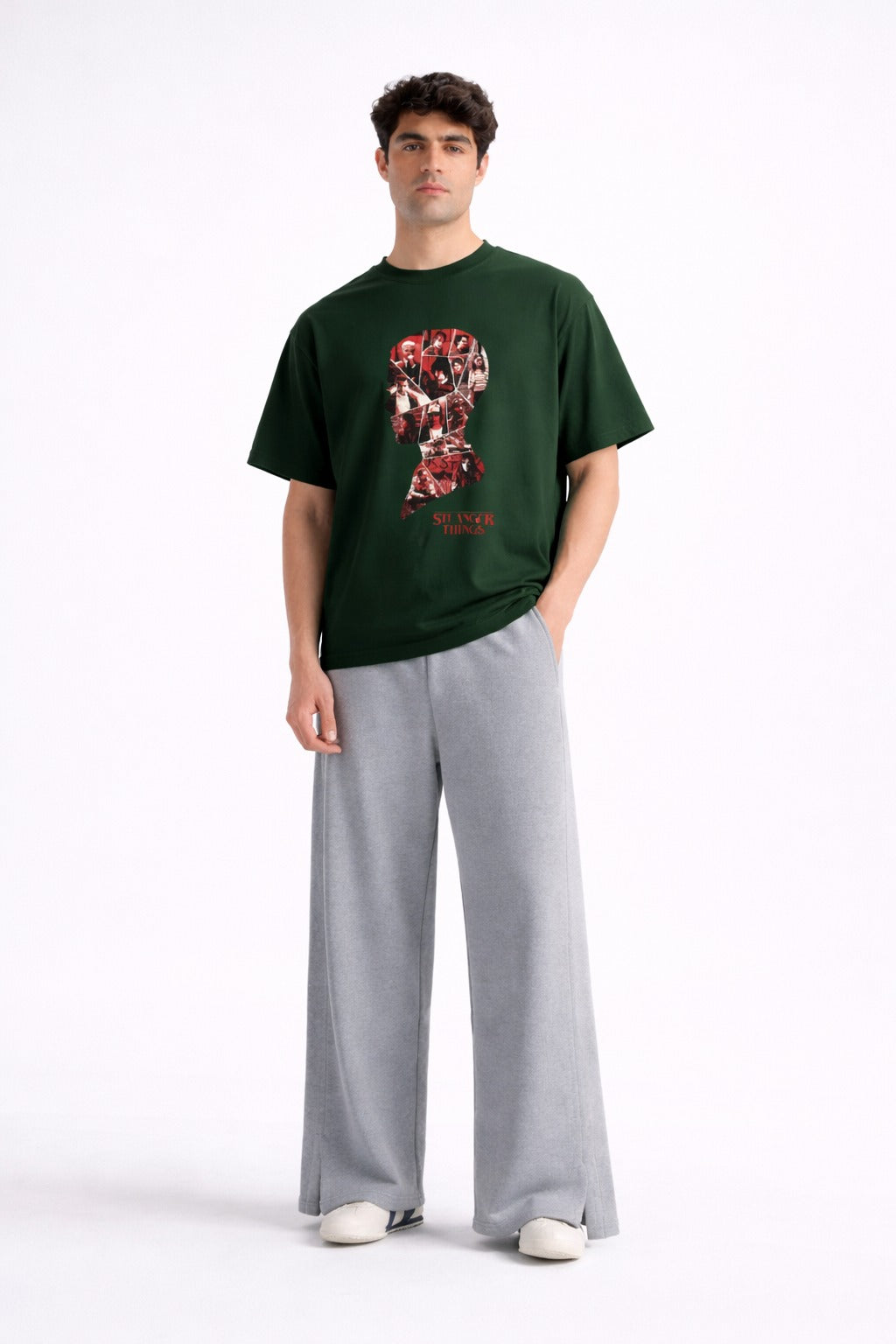 Mens Forest Green Stranger Things Graphic Print Downshoulder T-shirt