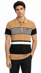 Mens Mustard Striped Color Block Polo Shirt