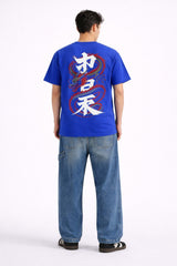 Mens Royal Blue Japanese Dragon Typography Graphic Downshoulder T-shirt