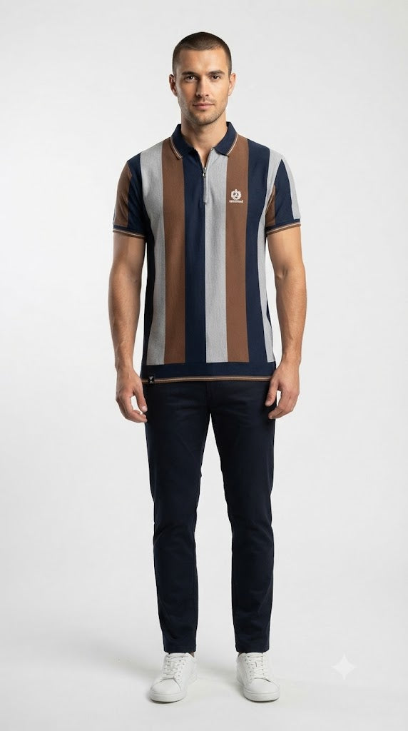 Men's Brown, Navy & Light Grey Vertical Striped Polo Shirt