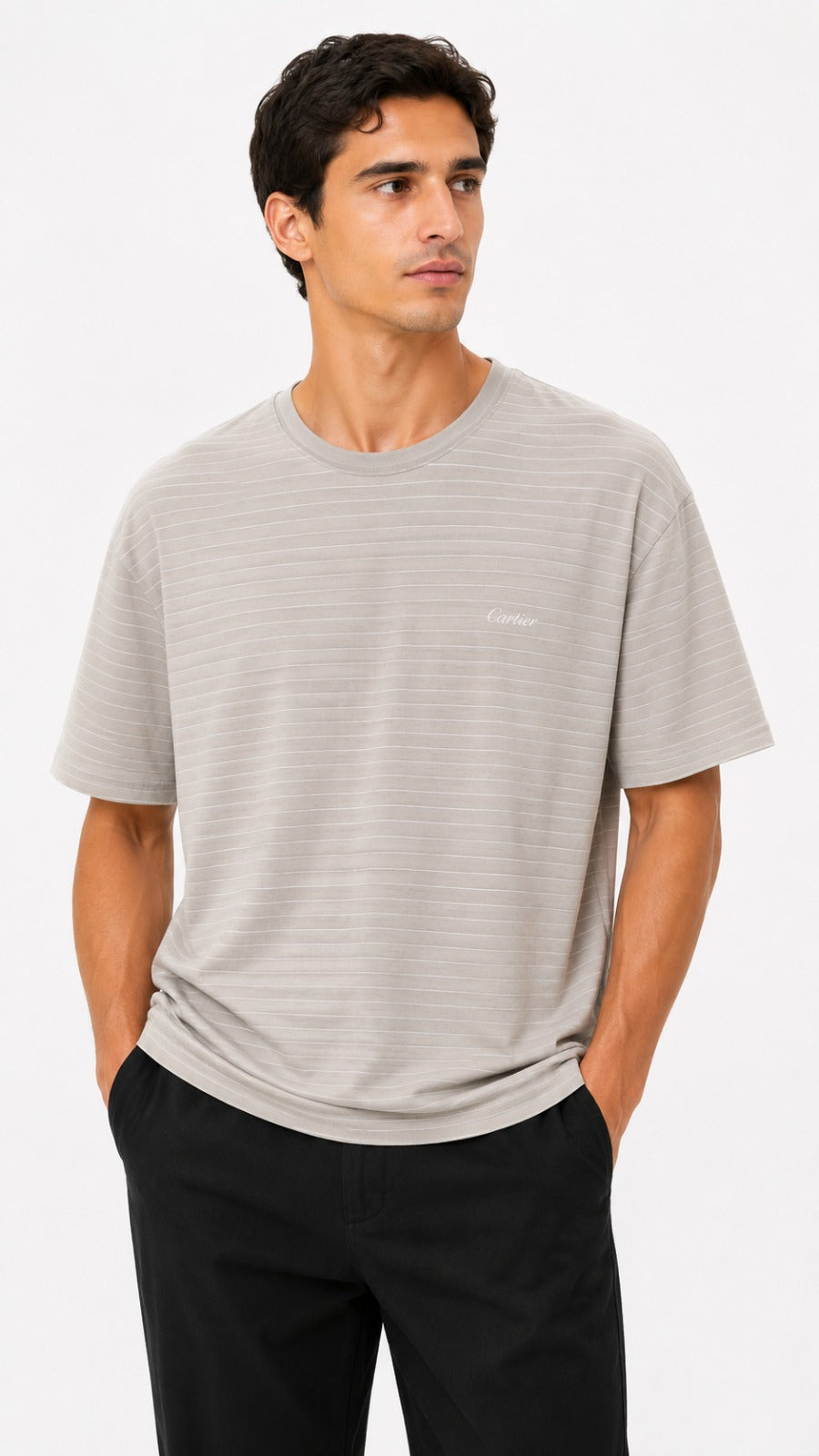 Men’s Light Grey Horizontal Pinstripe Cartier Logo T-Shirt