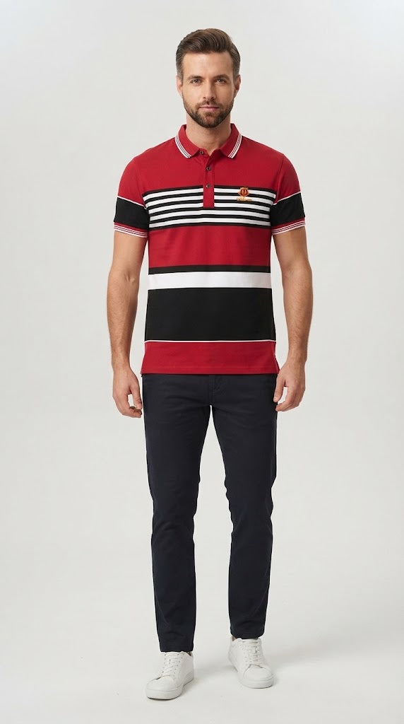Mens Red Color Block Striped Polo Shirt