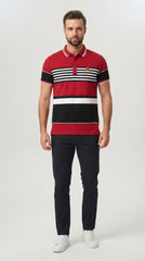 Mens Red Color Block Striped Polo Shirt