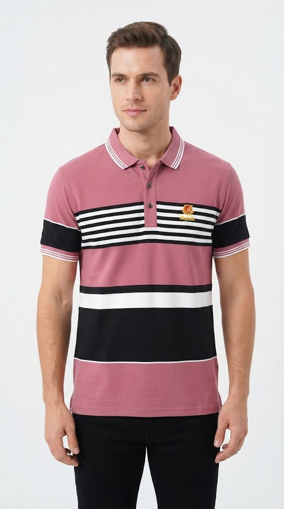 Mens Dusty Pink Striped Color Block Polo Shirt