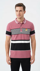 Mens Dusty Pink Striped Color Block Polo Shirt