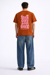 Mens Rust Orange Asian Typography Graphic Print Downshoulder T-shirt