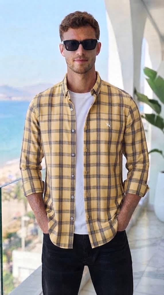 Mens Yellow Grey Check Imported Casual Shirt