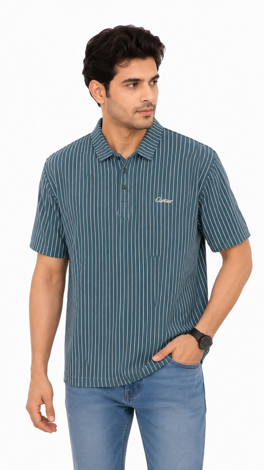 Men’s Teal Blue Vertical Pinstripe Polo Shirt
