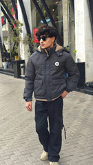 Mens Black Hooded Pocket Style Imported Puffer Jacket