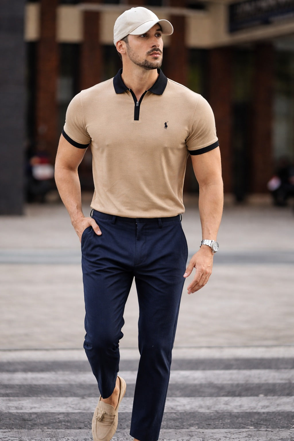 Mens Textured Beige Zip Polo Shirt