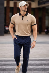 Mens Textured Beige Zip Polo Shirt