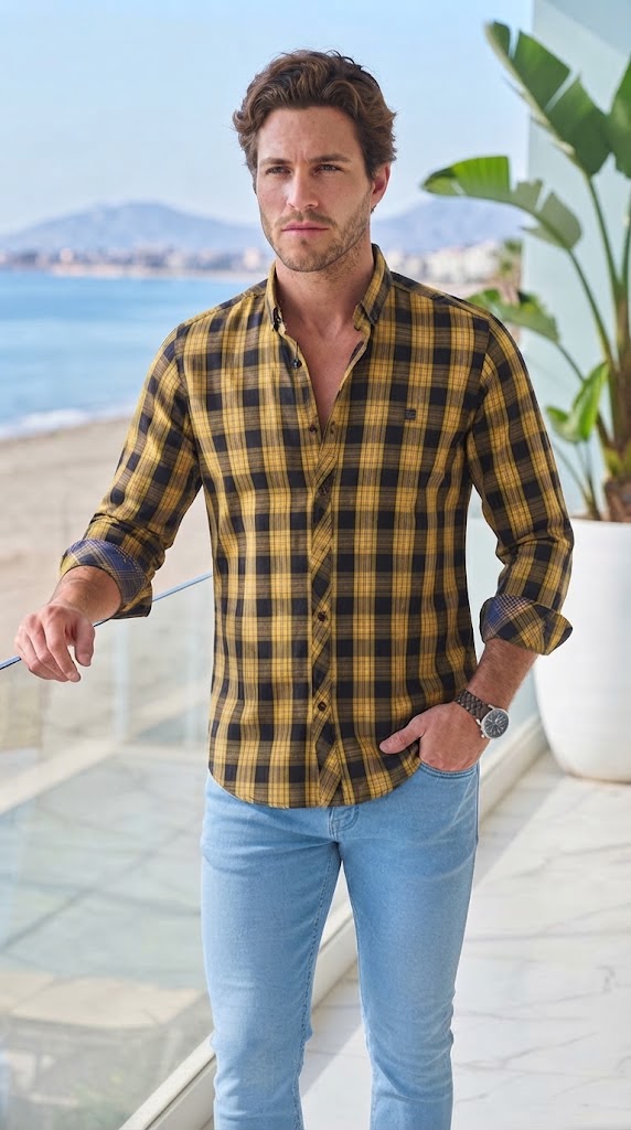 Mens Yellow Black Check Imported Casual Shirt