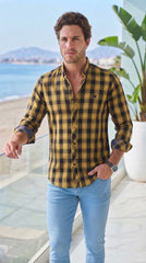 Mens Yellow Black Check Imported Casual Shirt