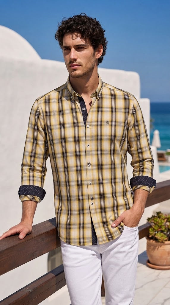 Mens Yellow Black White Check Imported Casual Shirt