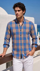 Mens Blue Peach Check Imported Casual Shirt