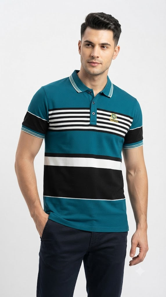 Mens Teal Striped Color Block Polo Shirt