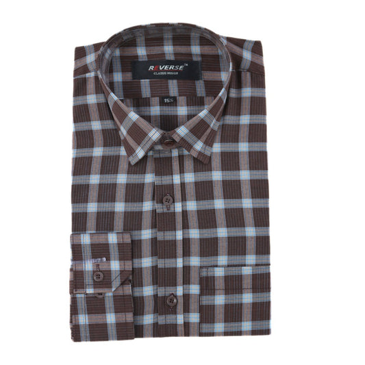 Men’s chocolate brown with blue checkered formal shirt