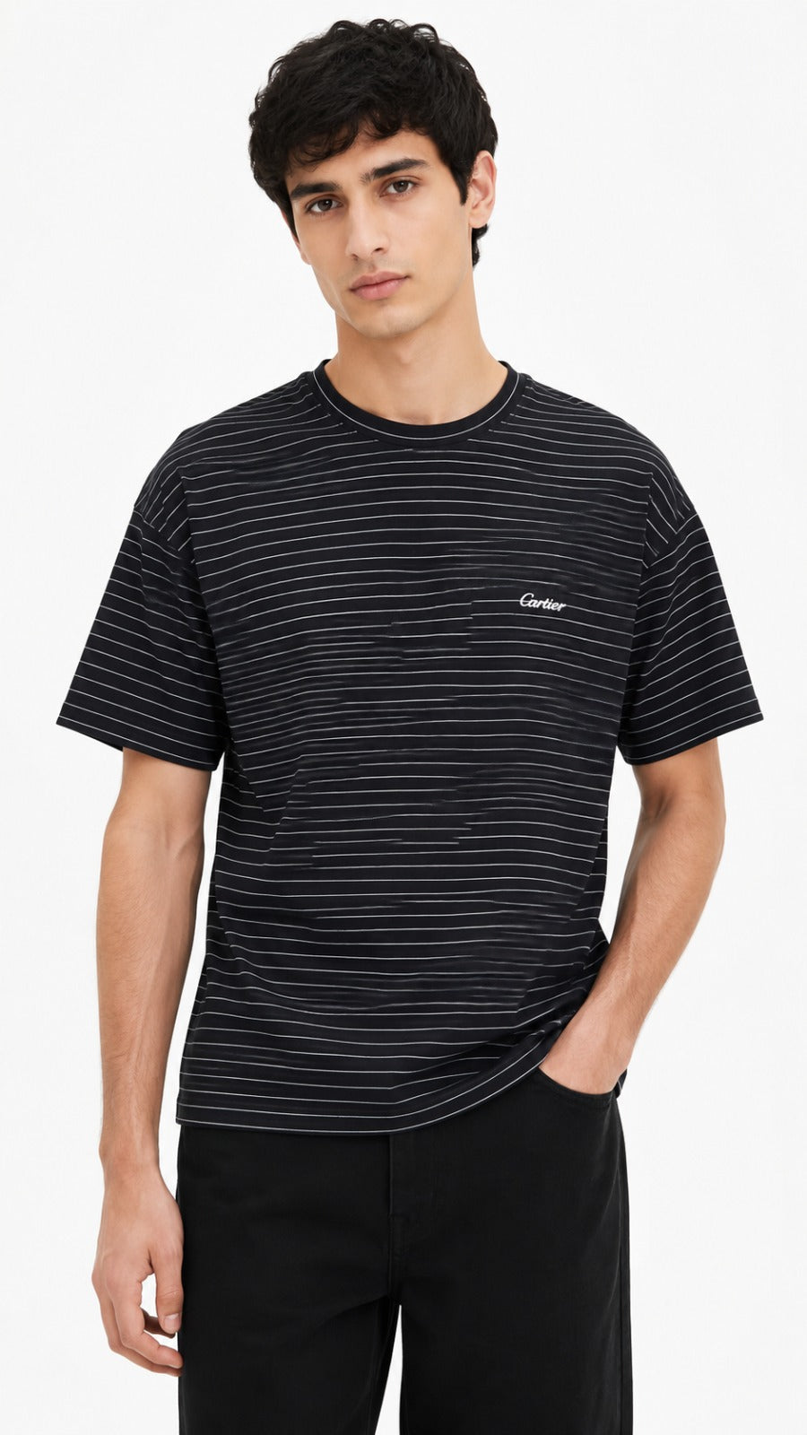 Men’s Black Horizontal Pinstripe Cartier Logo T-Shirt