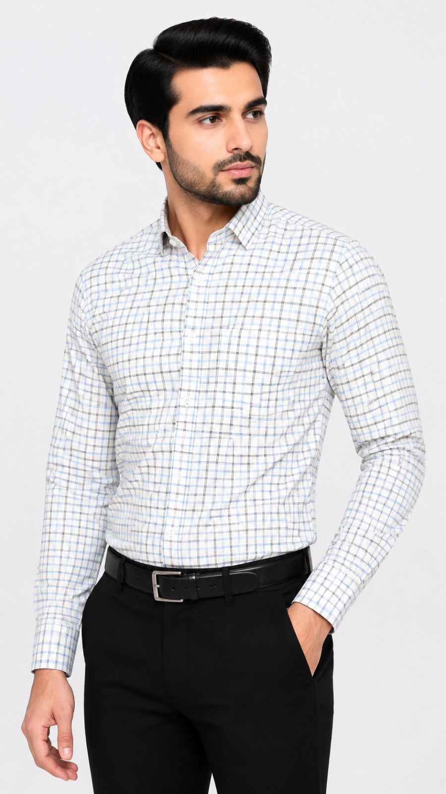 Men’s White Blue & Black Check Pattern Formal Shirt