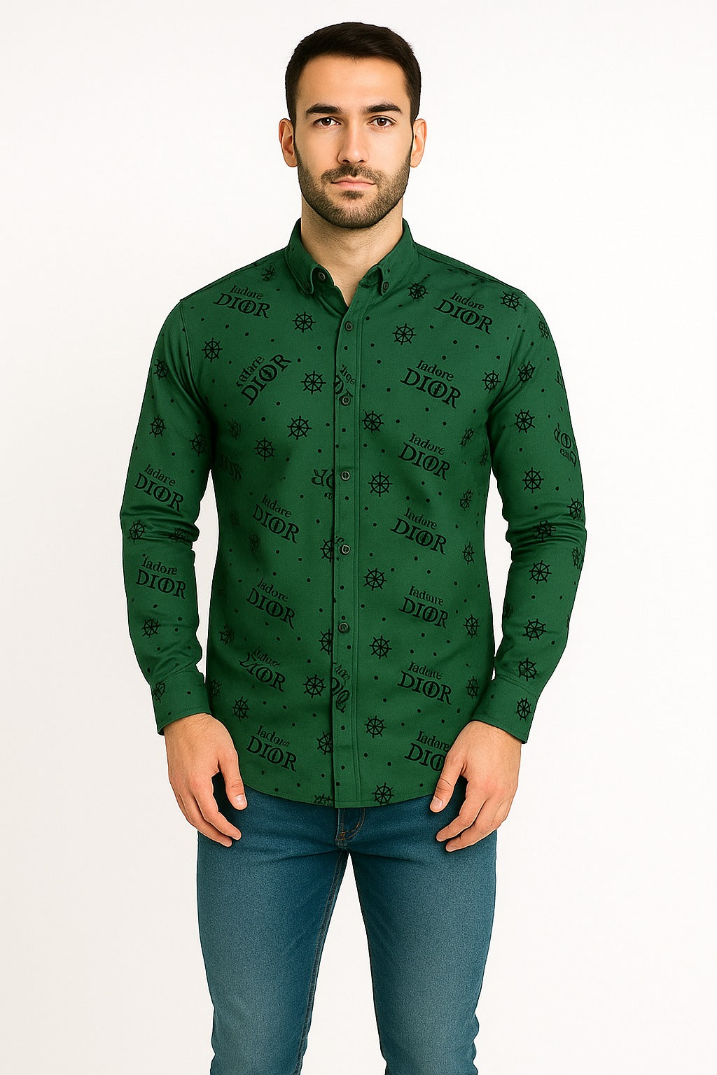 Men’s Imported Luxe Green Designer Velvet Emboss Casual Shirt