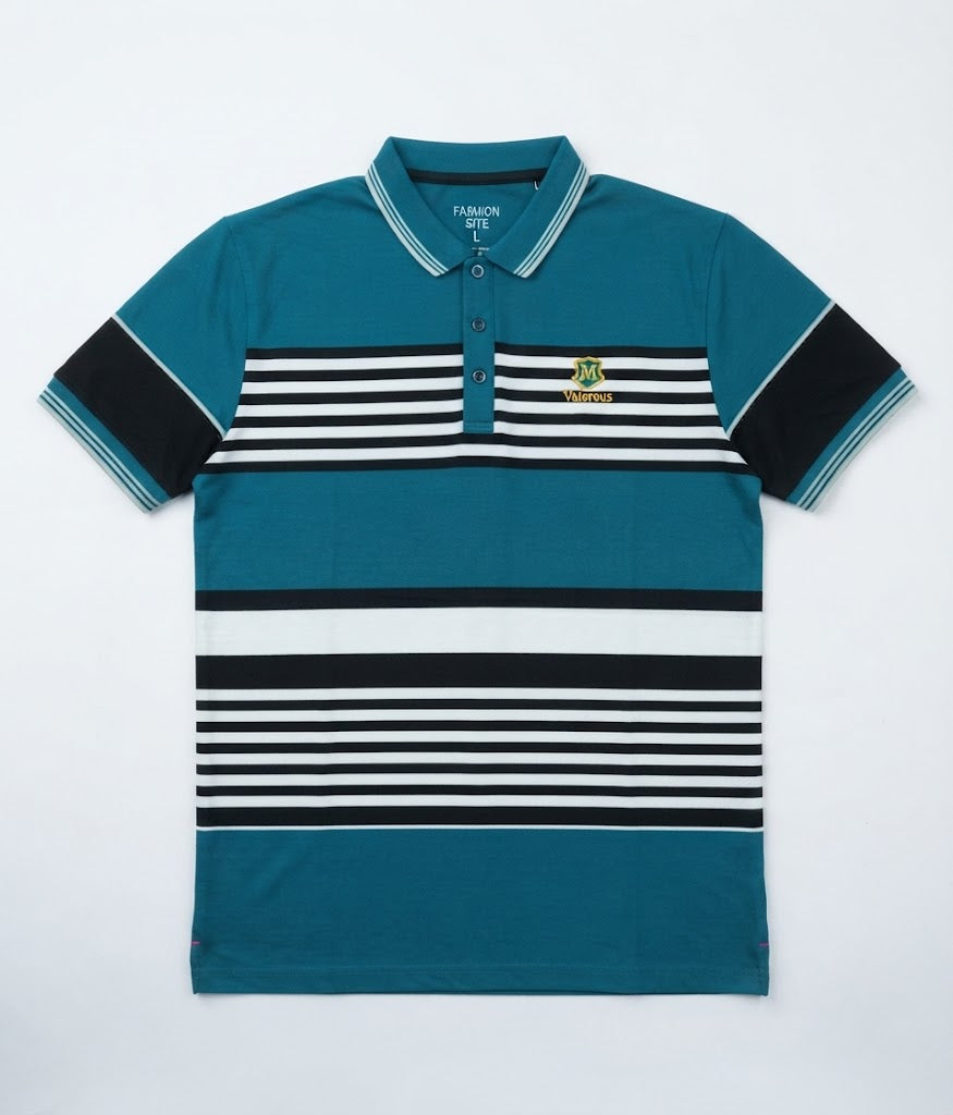 Mens Teal Striped Color Block Polo Shirt