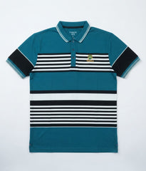 Mens Teal Striped Color Block Polo Shirt