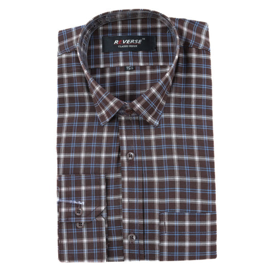 Men’s blue and chocolate brown checkered formal shirt