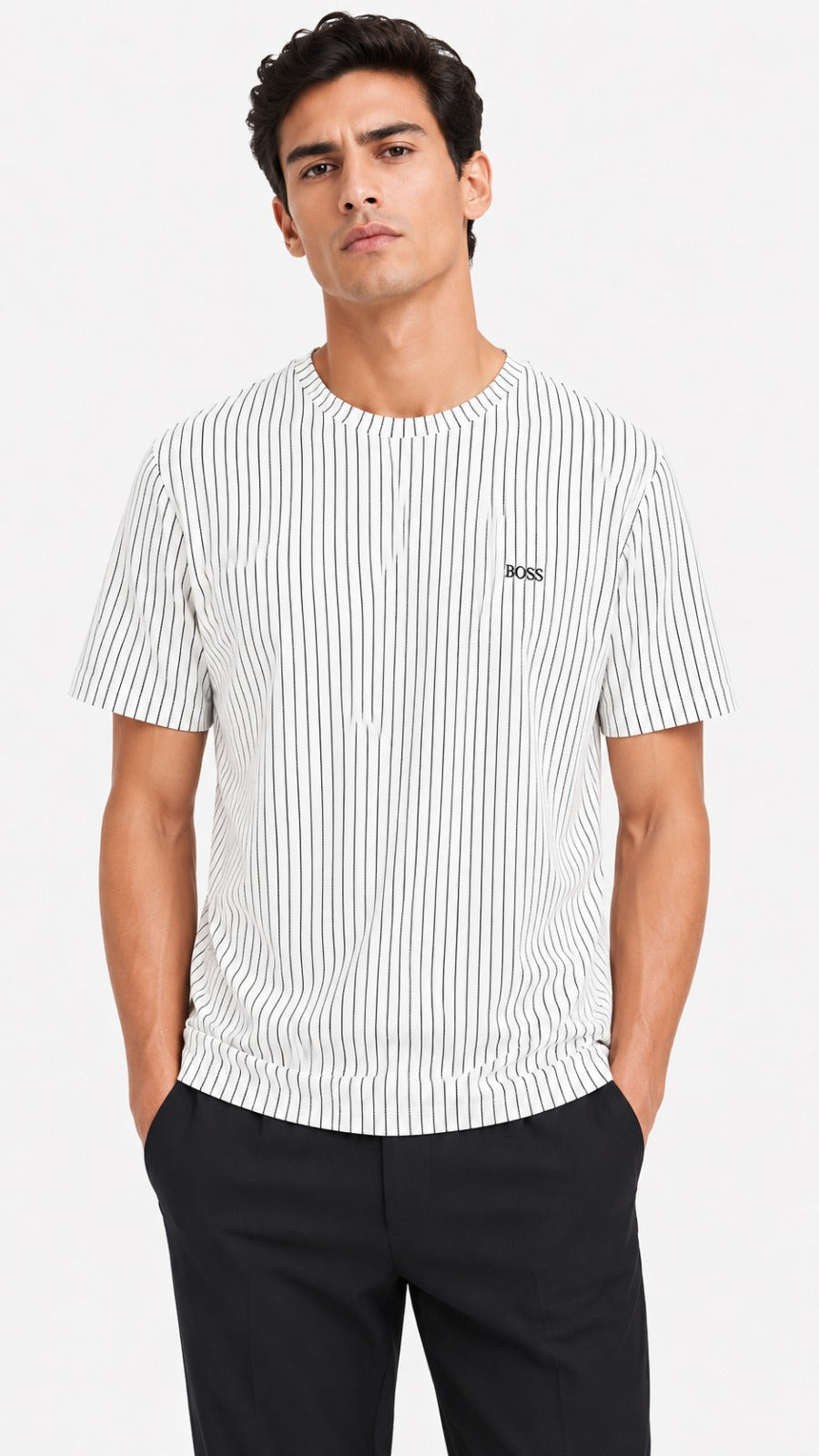 Men’s White Vertical Pinstripe BOSS Logo T-Shirt