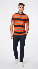 Mens Orange & Black Horizontal Striped Polo Shirt