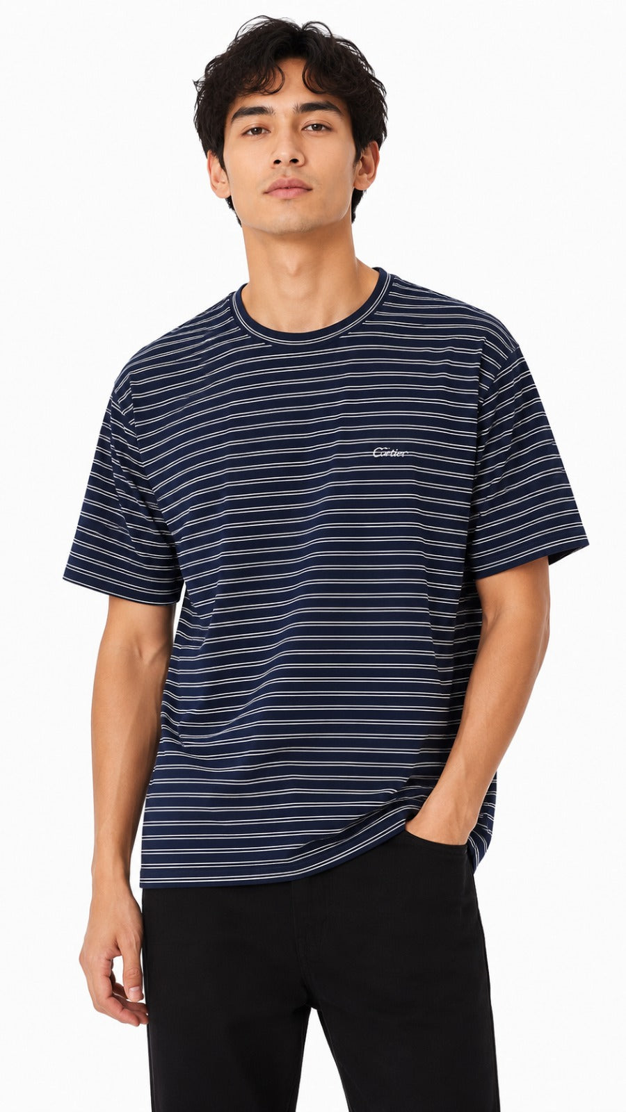 Men’s Navy Blue Double Horizontal Pinstripe Cartier Logo T-Shirt