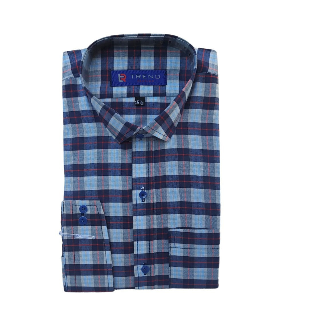 Men's sky blue and navy checkered formal shirt