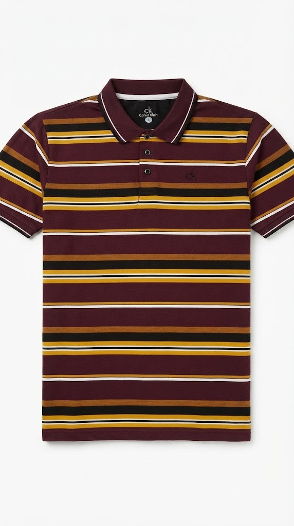 Men's Maroon, Mustard Yellow & Black Horizontal Striped Polo Shirt