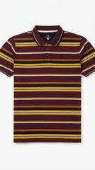 Men's Maroon, Mustard Yellow & Black Horizontal Striped Polo Shirt