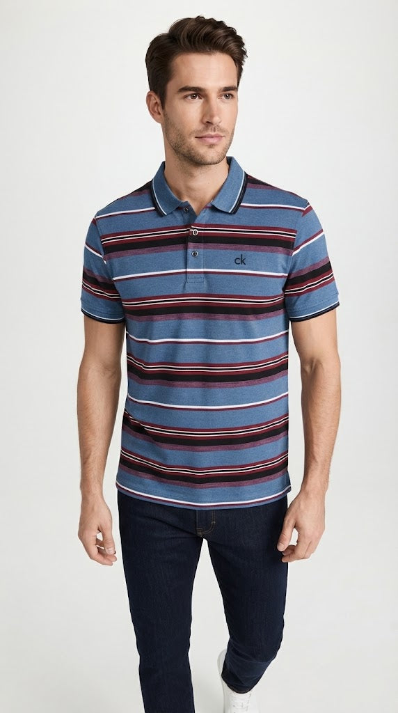 Men's Steel Blue, Maroon & Black Horizontal Striped Polo Shirt