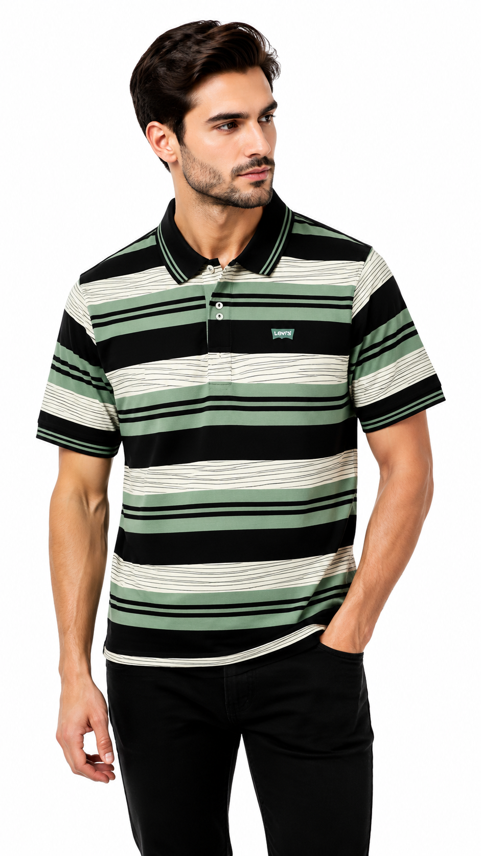 Mens Sage Green Horizontal Striped Polo Shirt