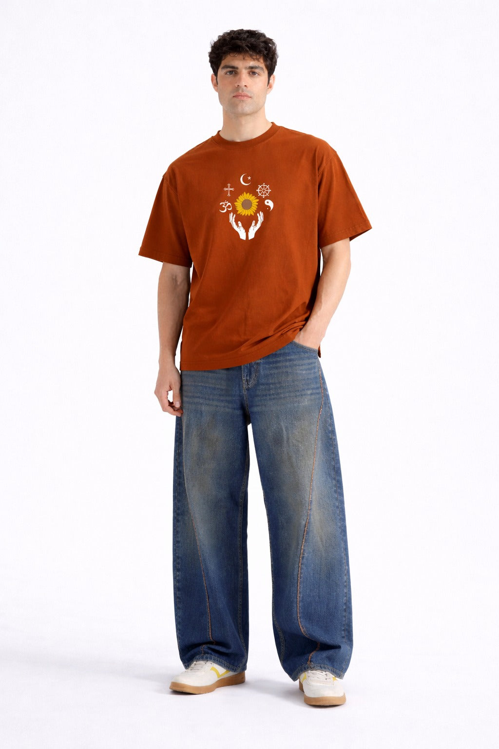Mens Rust Orange Spiritual Symbols Sunflower Graphic Downshoulder T-shirt
